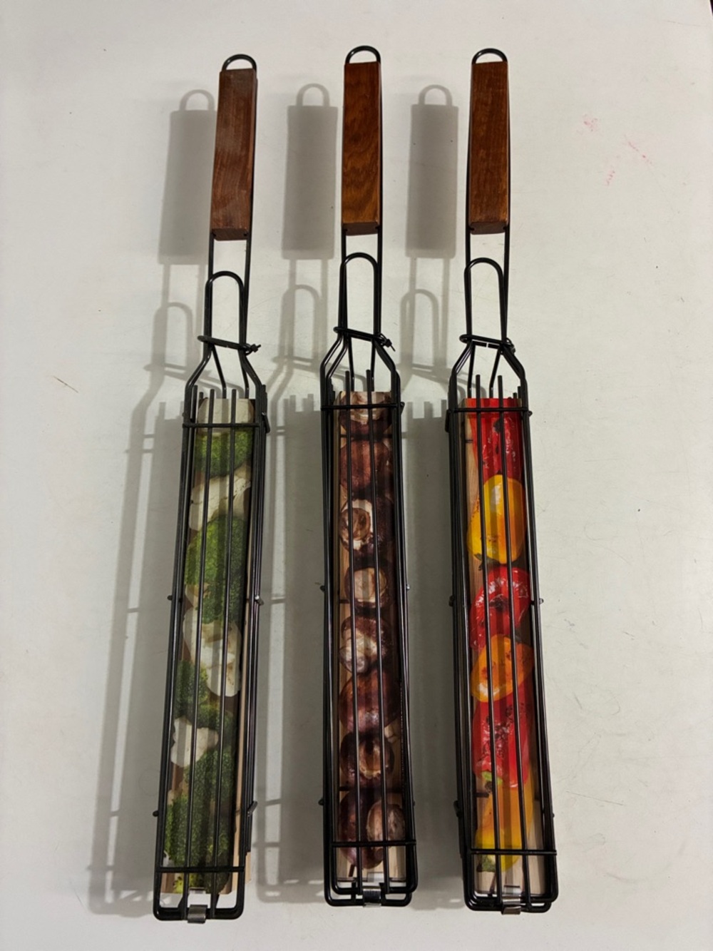 Wood-Handle Vegetable and Fruit Grill Basket - Black Set of 3